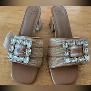 A New Day Beige Mules with Crystal Buckle rattan size 10